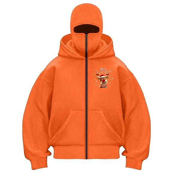 TTUHYWXI Christmas Balaclava Hoodie for Men Women Winter Balaclava Jacket Zip Up Double Hoodie Hip Hop Outerwear Jacket Y2K Clothing (Orange, XL)