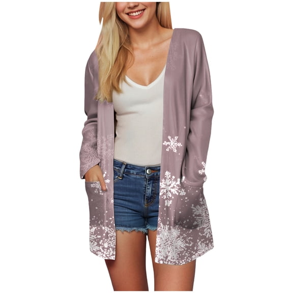 TTUHYWXI Christmas Cardigan for Women Long Sleeve Open Front Lightweight Cardigan Ugly Christmas Sweaters Plus Size Coat Top (Light Purple, M)