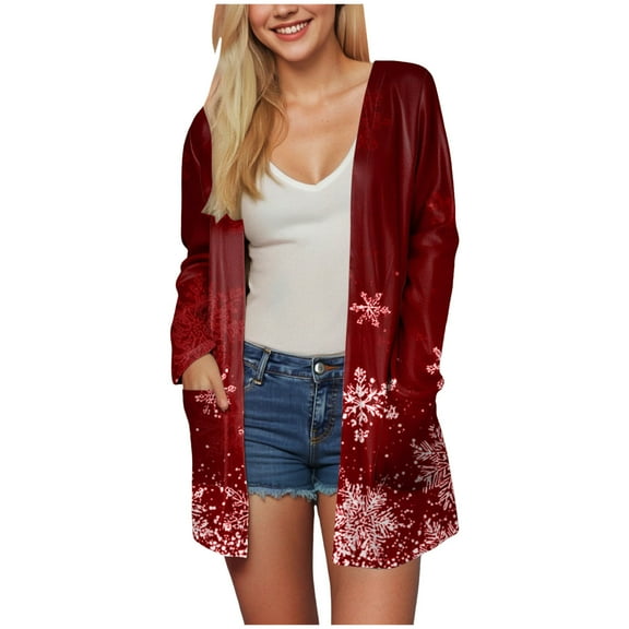 TTUHYWXI Christmas Cardigan for Women Long Sleeve Open Front Lightweight Cardigan Ugly Christmas Sweaters Plus Size Coat Top (Red, XXL)
