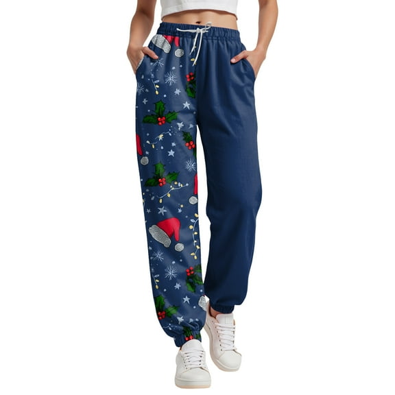 TTUHYWXI Christmas Joggers for Women, 2025 Christmas Sweatpants Women High Waisted Baggy Plaid Lounge Pants (Navy, S)