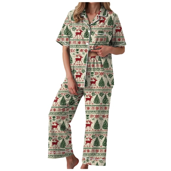 TTUHYWXI Christmas Pajamas Set for Women 2 Piece Short Sleeve Button Down Shirts And Pj Pants Xmas Print Silk Satin Sleepwear (Beige, XL)