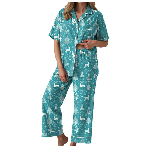 TTUHYWXI Christmas Pajamas Set for Women 2 Piece Short Sleeve Button Down Shirts And Pj Pants Xmas Print Silk Satin Sleepwear (Sky Blue, XL)