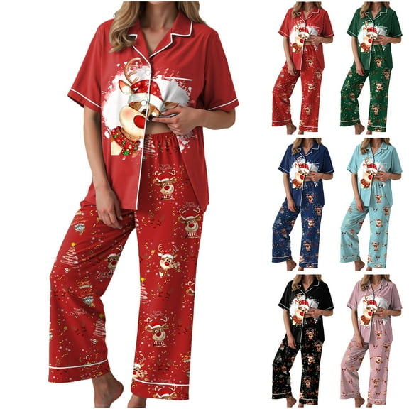TTUHYWXI Christmas Pajamas Set for Women Set Long Sleeve Button Down Pjs Sets 2 Piece Loungewear Animal Sleepwear (Navy, S)