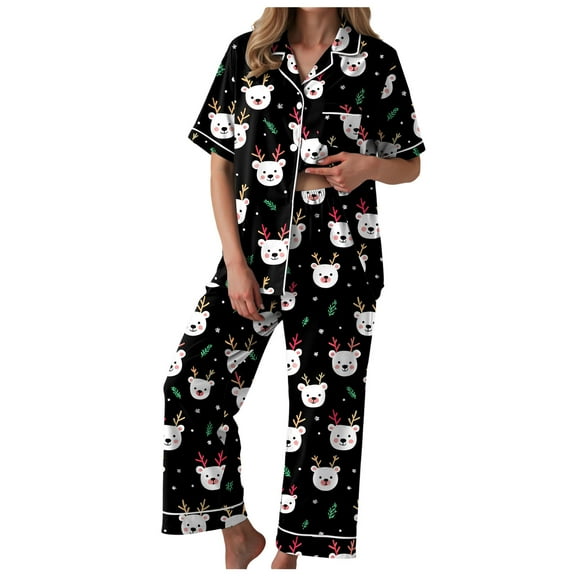 TTUHYWXI Christmas Pajamas Women's Long Sleeve Sleepwear Soft Button Down Loungewear Pjs Lounge Set Nightwear (Black, XXL)