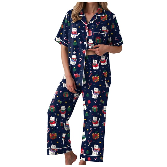 TTUHYWXI Christmas Pajamas Women's Long Sleeve Sleepwear Soft Button Down Loungewear Pjs Lounge Set Nightwear (Navy, M)
