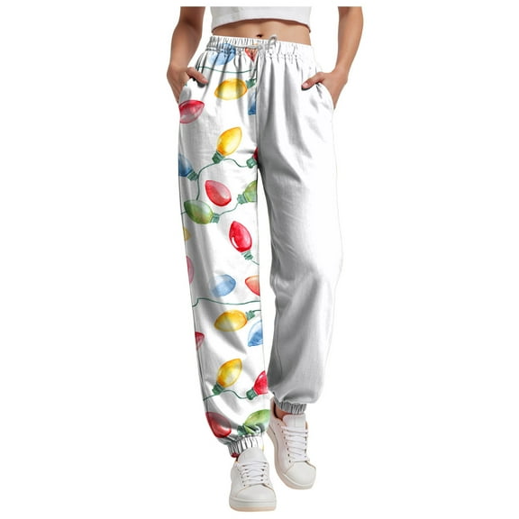 TTUHYWXI Christmas Pants for Women High Waisted Baggy Cinch Bottom Sweatpants Gym Jogger Holiday Petite Lounge Pants (White, M)