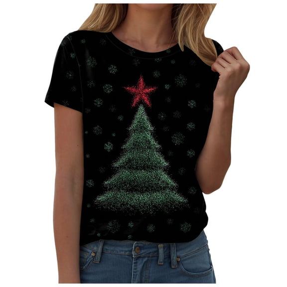 TTUHYWXI Christmas Shirts Women Casual Short Sleeve Xmas Tree Print Graphic Tee Tops Trendy Loose Round Neck Cute Blouse (Dark Green, S)