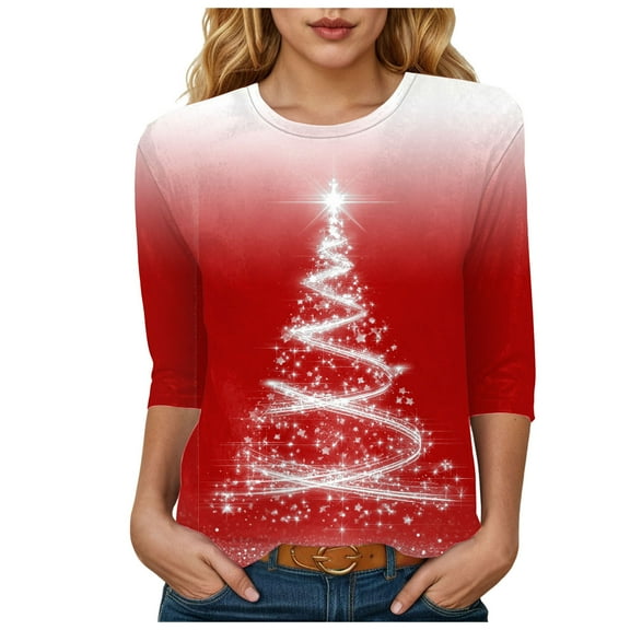 TTUHYWXI Christmas Shirts for Women Christmas Tree T-Shirts Xmas Gifts 3/4 Length Sleeve Tops Graphic Tees Tunic Pullover (Red, S)