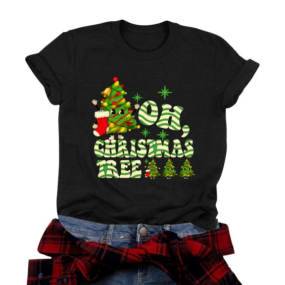 TTUHYWXI Christmas Shirts for Women Funny Merry Xmas Holiday Short Sleeve Tee Tops (Black, S)