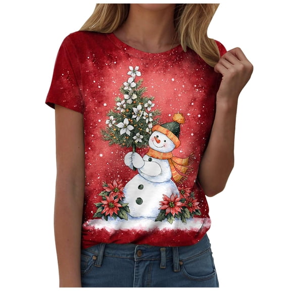 TTUHYWXI Christmas Shirts for Women Short Sleeve Plus Size Cute Snowman Graphic Tees (Brick Red, S)