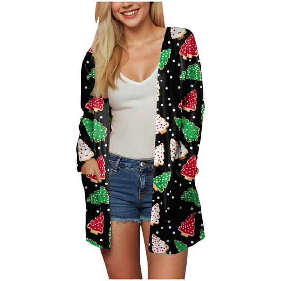 TTUHYWXI Christmas Sweater Women Long Sleeve Lightweight Casual Open Front Sweaters Snowflake Santa Print Long Cardiagns (Black, XXL)