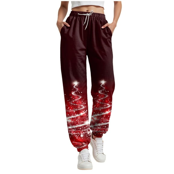 TTUHYWXI Christmas Sweatpants for Women 2025 High Waist Joggers Drawstring Elastic Fashion Pajamas Pants (Wine, S)