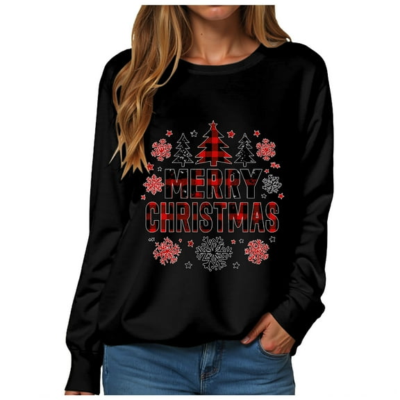 TTUHYWXI Christmas Sweatshirt Merry Christmas Shirts Women Sequin Outfits Christmas Long Sleeve Pullover Tops (Black, L)