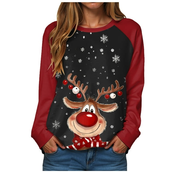TTUHYWXI Christmas Sweatshirt Women Cute Xmas Reindeer Graphic Tee Casual Long Sleeve Winter Holiday Pullover Tops (Wine, 4XL)