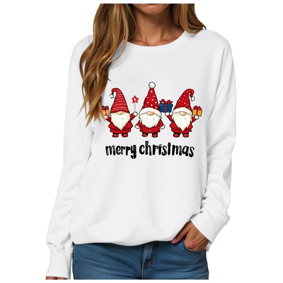 TTUHYWXI Christmas Sweatshirt for Women Gnomes Print Funny Plus Size Sweatshirts Crewneck Long Sleeve Xmas Holiday Tops (White, XL)