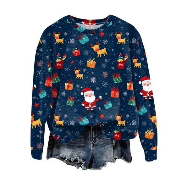 TTUHYWXI Christmas Sweatshirt for Women Plus Size Casual Long Sleeve Round Neck Blouses Sweatshirts Tops (Navy, XL)