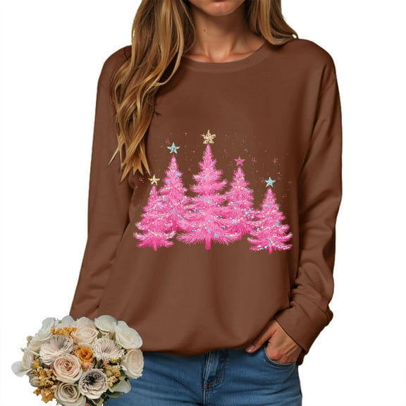 TTUHYWXI Christmas Sweatshirts Women Colorful Christmas Tree Graphic Shirt Xmas Holiday Party Long Sleeve Pullover Blouse (Brown, S)