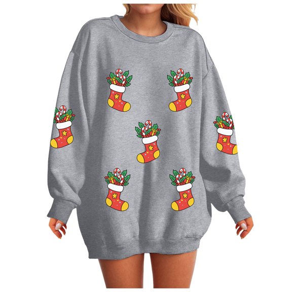 TTUHYWXI Christmas Sweatshirts Women Sequin Christmas Shirts Sparkly Xmas Graphic Long Sleeve Crewneck Pullover Tops (Grey, XL)