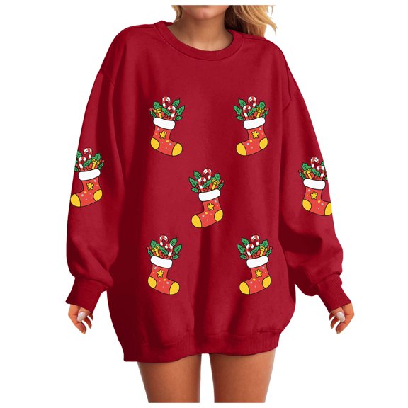 TTUHYWXI Christmas Sweatshirts Women Sequin Christmas Shirts Sparkly Xmas Graphic Long Sleeve Crewneck Pullover Tops (Red, L)