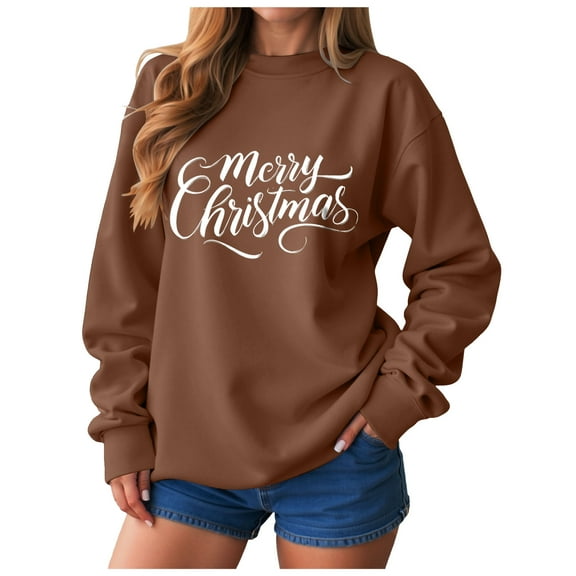 TTUHYWXI Christmas Sweatshirts for Women 2025 Christmas Sweater Long Sleeve Crewneck Shirt Holiday Outfits Merry Xmas Sweatshirts (Brown, 3XL)