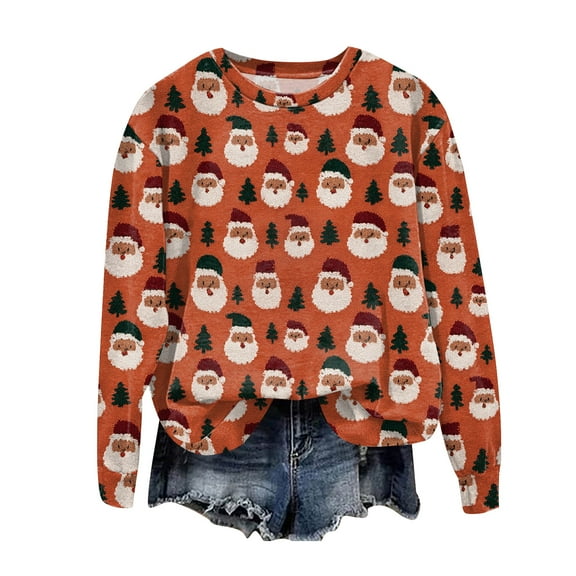 TTUHYWXI Christmas Sweatshirts for Women 2025 Crewneck Pullover Tops Long Sleeve Shirts Loose Fit Tops Casual Fall Outfits Y2K Clothes (Orange, S)
