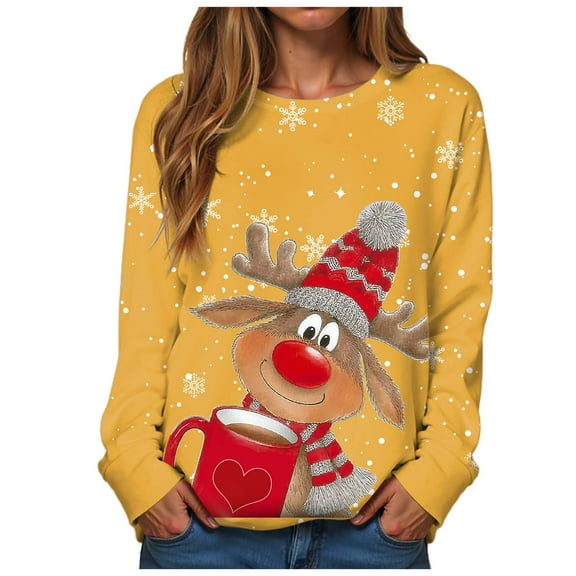 TTUHYWXI Christmas Sweatshirts for Women 2025 Long Sleeve Reindeer Graphic Tees Shirt Funny Cute Xmas Crewneck Pullover Tops (Yellow, S)