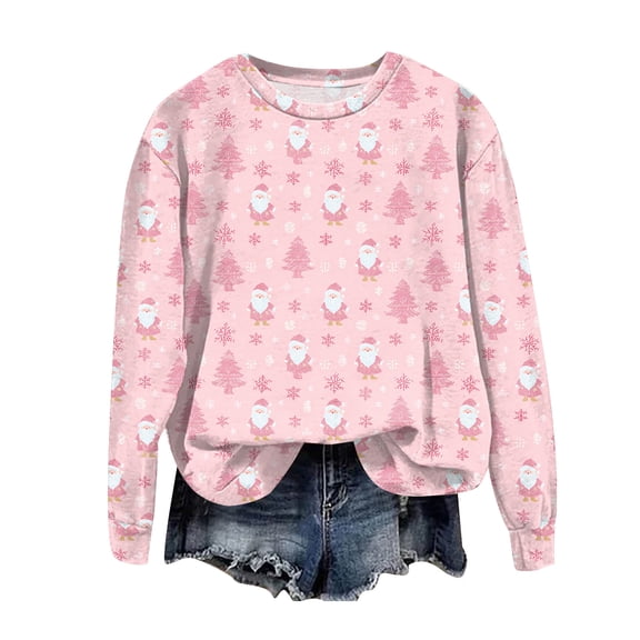 TTUHYWXI Christmas Sweatshirts for Women Casual 2025 Long Sleeve Xmas Print Pullover Shirts Crew Neck Sweaters (Light Pink, S)