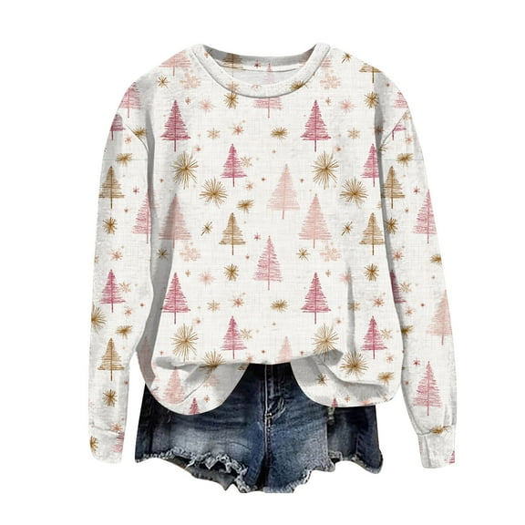 TTUHYWXI Christmas Sweatshirts for Women Casual 2025 Long Sleeve Xmas Print Pullover Shirts Crew Neck Sweaters (White, XXL)