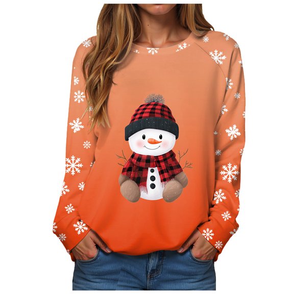 TTUHYWXI Christmas Sweatshirts for Women Long Sleeve Fuzzy Pullover Xmas Graphic Holiday Shirts Crew Neck Oversized Tops (Orange, S)
