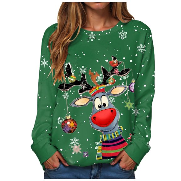 TTUHYWXI Christmas Sweatshirts for Women Ugly Reindeer Print Party Santa Outfit Adult Snowflake Xmas Funny Casual Shirts (Green, XL)
