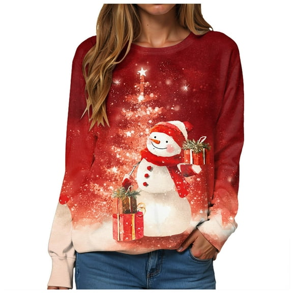 TTUHYWXI Christmas Sweatshirts for Women Xmas Tree Graphic Fall Wimter Clothes Crewneck Pullover Long Raglan Sleeve Top (Watermelon Red, XL)