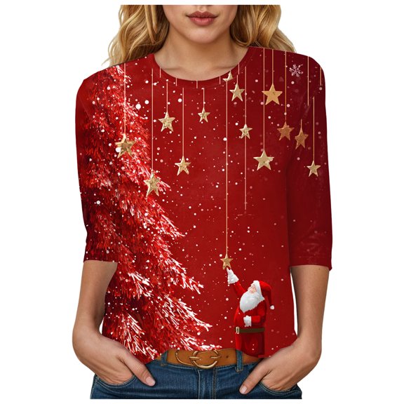 TTUHYWXI Christmas T Shirts Womens 3/4 Length Sleeve Tops Casual Loose Fit Crewneck Cute Solid Three Quarter Length Tunic Tops (Watermelon Red, M)