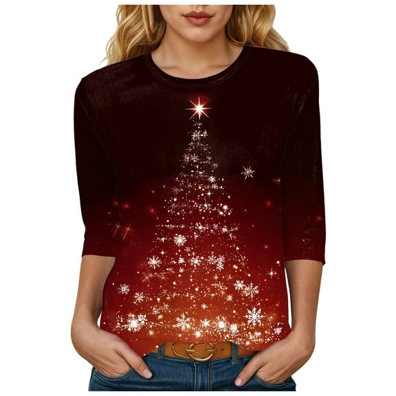 TTUHYWXI Christmas T Shirts Womens 3/4 Length Sleeve Tops Casual Loose Fit Crewneck Cute Solid Three Quarter Length Tunic Tops (Wine, XXL)