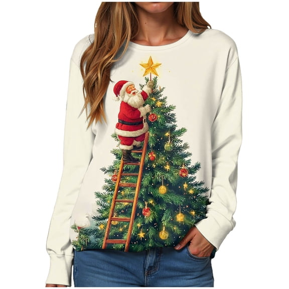 TTUHYWXI Christmas Tree Sweatshirt for Women Merry Christmas Cute Graphic Long Sleeve Crewneck T-Shirt Pullover Top (Beige, L)