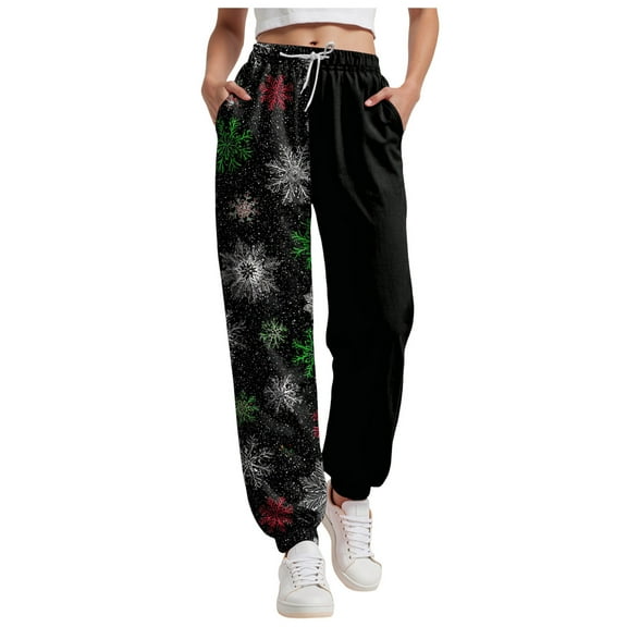 TTUHYWXI Christmas Womens Pajama Pants Casual Comfy Sleepwear Wide Leg Drawstring Bottoms with Pockets (Black, M)