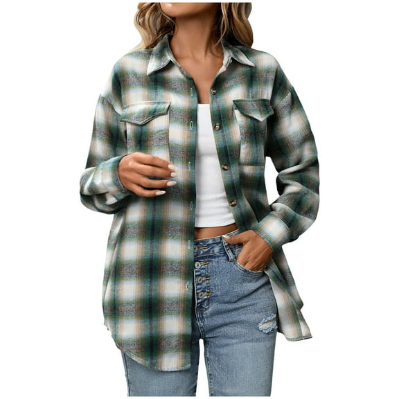 TTUHYWXI Flannel Shirt Women Plaid Shirts Button Down Long Sleeve Oversized Cotton Fitted Boyfriend Casual Blouse Tops (Green, XL)