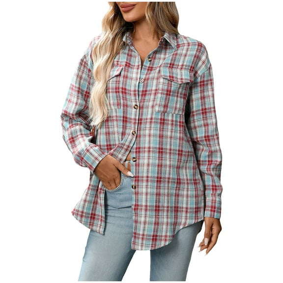 TTUHYWXI Flannel Shirt Women Plaid Shirts Button Down Long Sleeve Oversized Cotton Fitted Boyfriend Casual Blouse Tops (Light Blue, L)