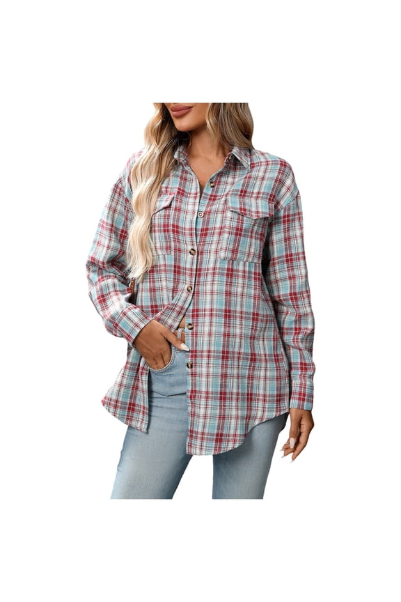 Flannel Shirt Women Plaid Shirts Button Down Long Sleeve Oversized Cotton Fitted Boyfriend Casual Blouse Tops (Light Blue, L)