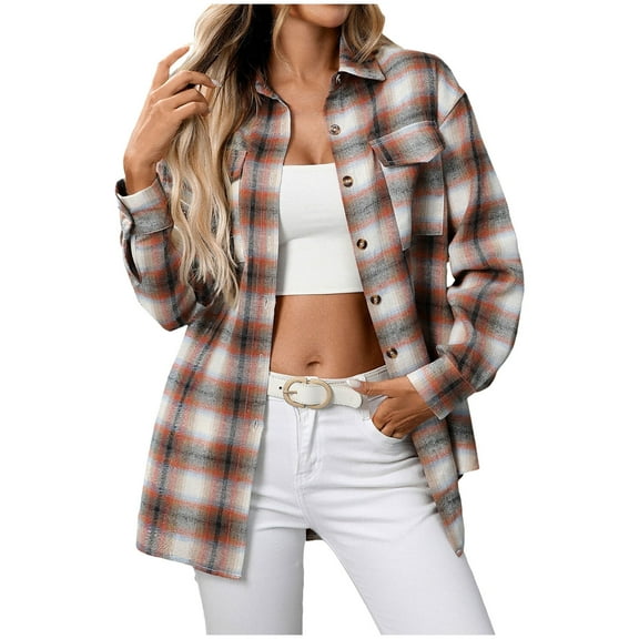 TTUHYWXI Flannel Shirt Women Plaid Shirts Button Down Long Sleeve Oversized Cotton Fitted Boyfriend Casual Blouse Tops (Orange, L)