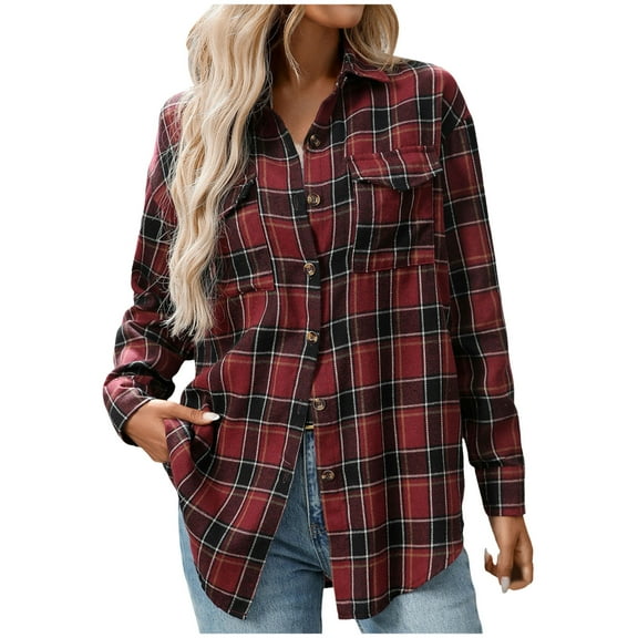 TTUHYWXI Flannel Shirt Women Plaid Shirts Button Down Long Sleeve Oversized Cotton Fitted Boyfriend Casual Blouse Tops (, S)