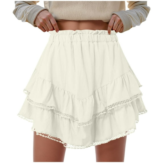 TTUHYWXI Flowy Shorts for Women Casual Boho Ruffle Tiered Skorts High Waist Mini Skirts Golf Tennis Crochet Shorts (Beige, M)