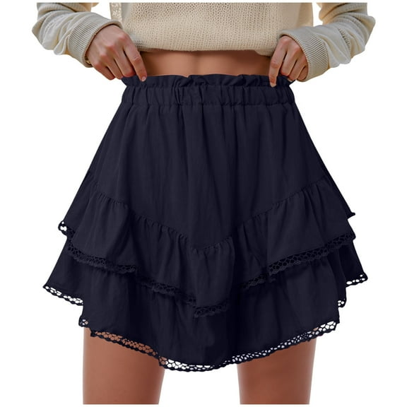 TTUHYWXI Flowy Shorts for Women Casual Boho Ruffle Tiered Skorts High Waist Mini Skirts Golf Tennis Crochet Shorts (Navy, L)