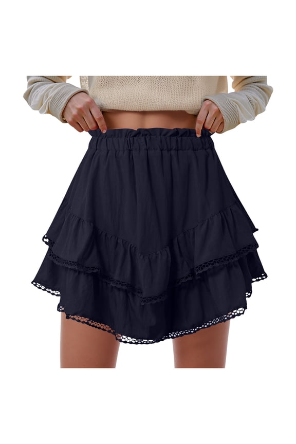 Flowy Shorts for Women Casual Boho Ruffle Tiered Skorts High Waist Mini Skirts Golf Tennis Crochet Shorts (Navy, L)