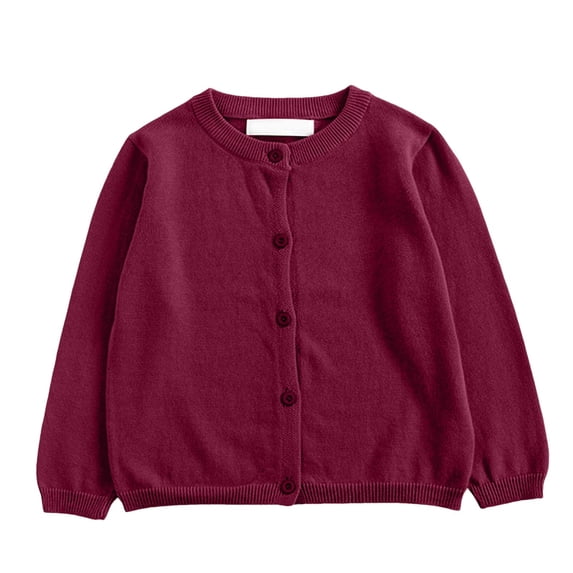 TTUHYWXI Girls Button Down Cardigan Kids Long Sleeve Crewneck Uniform Knit Sweater (Brick Red,18-24 Months)