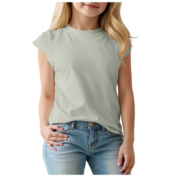 TTUHYWXI Girls Cap Sleeve T-Shirts Kids Summer Tunic Tops Cute Crewneck Tees Blouses for 5-14 Years (Light Green, 7-8 Years)