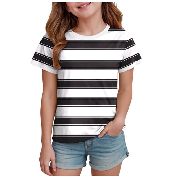 TTUHYWXI Girls Striped Short Sleeve T Shirts Kids Summer Casual Tops Crewneck Tees Blouses 5-14Y (Black, 3-4 Years)