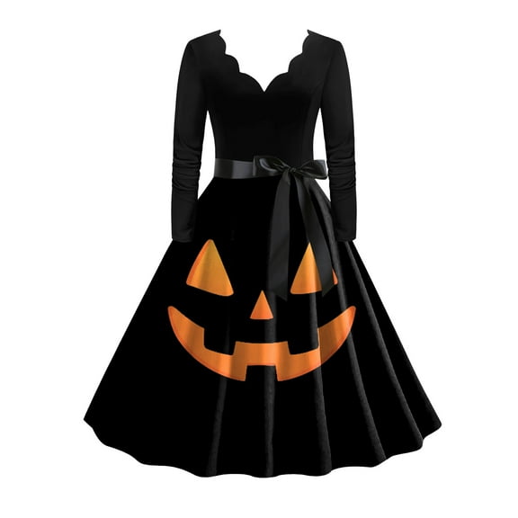TTUHYWXI Halloween Dress for Women Skeleton Pumpkin Printed Long Sleeve Cocktail Swing Dress Plus Size A Line Cosplay Costume (Black, XXL)
