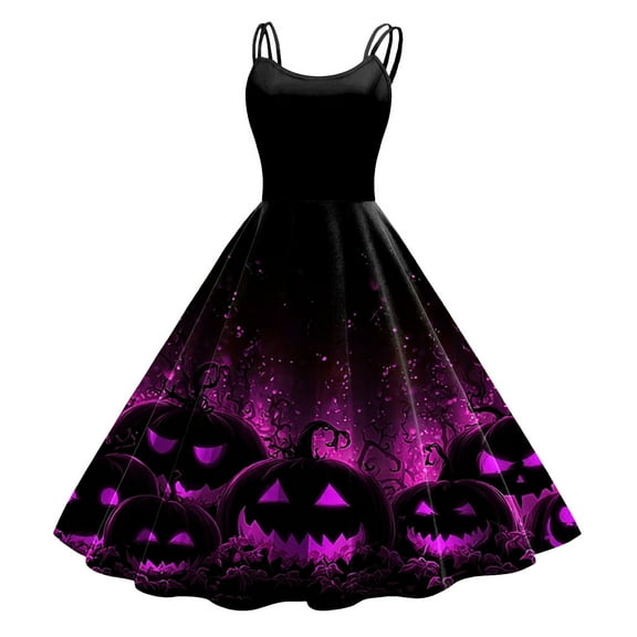 TTUHYWXI Halloween Dresses for Women 2025 Vintage 50s Spaghetti Strap Scary Graphic A Line Midi Dress for Cocktail Party (Hot Pink, L)