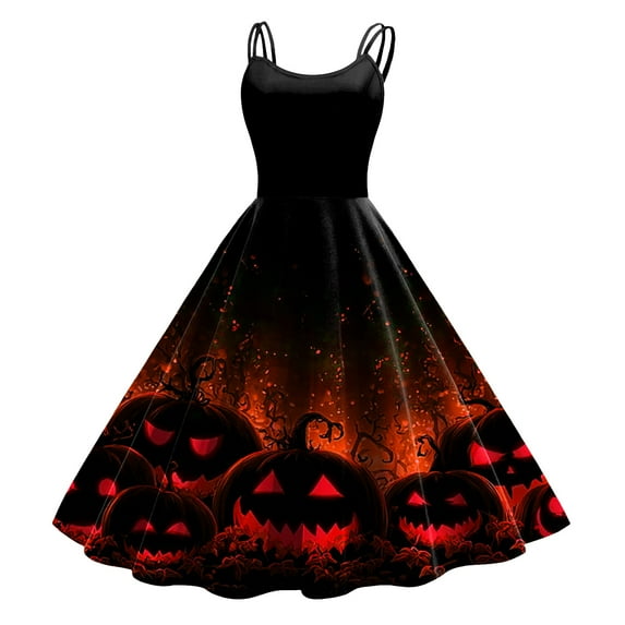 TTUHYWXI Halloween Dresses for Women 2025 Vintage 50s Spaghetti Strap Scary Graphic A Line Midi Dress for Cocktail Party (Watermelon Red, XL)