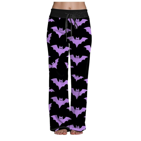 TTUHYWXI Halloween Pajama Pants Women Stretch Wide Leg Pj Pants High Waisted Cute Pumpkin Skull Ghost Print Pjs Palazzo Pants (Dark Purple, S)